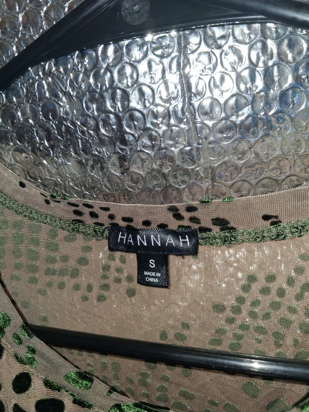 Hannah Beige Top with Green Velvet Spot Accents